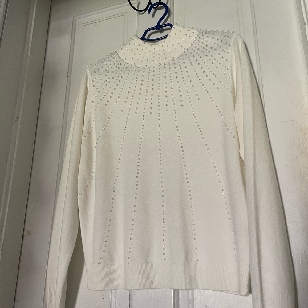 Dress Barn White Sweater with Delicate Pearl Beading Accents